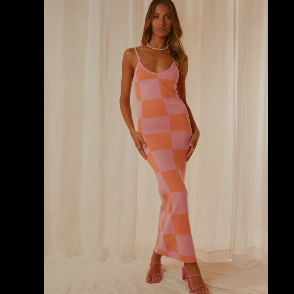 Peppermayo Pink and Orange Checkerboard Maxi Dress